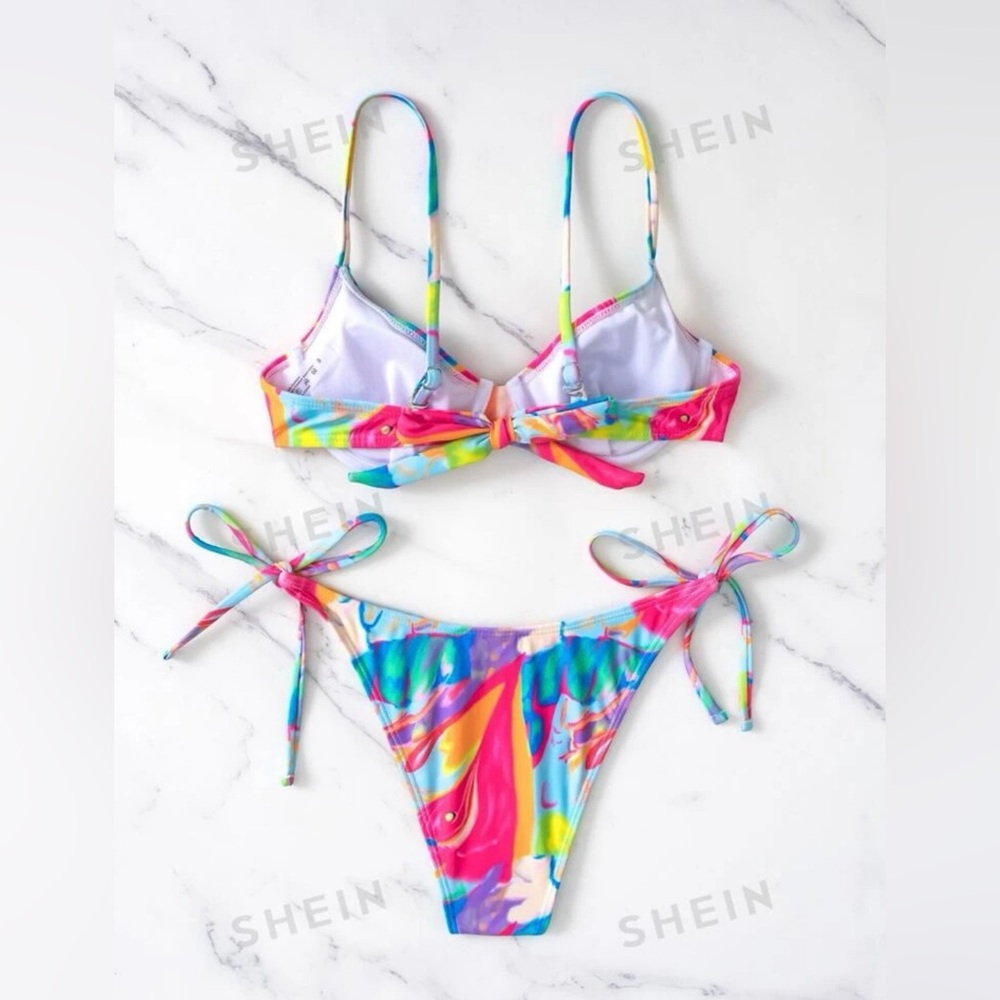 SHEIN Swim Bikinis: Tie-Dye Beach Underwire & Thong Bikini, Pink Textured Bikini - Picture 9 of 14
